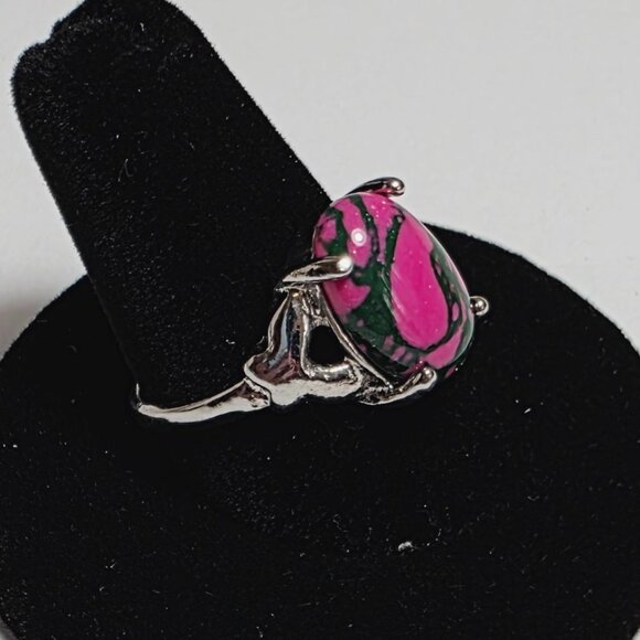 Pink and Green Stone Statement Ring Silver Tone | EU 19 (US 9) - Picture 2 of 6